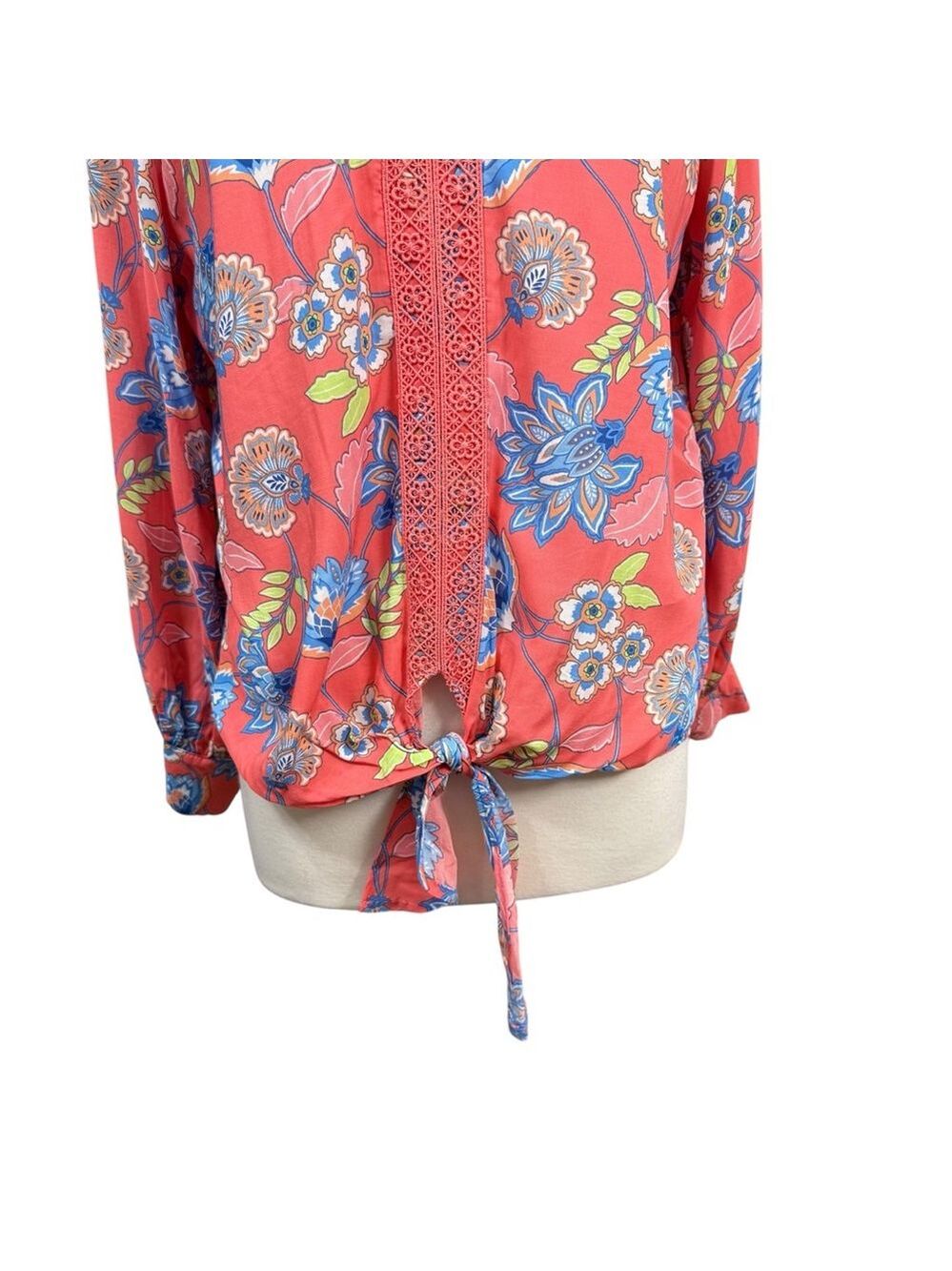 Ruby Rd Petite Floral Blouse Tie Front Boho Lightweight Top Size PM - Picture 3 of 8